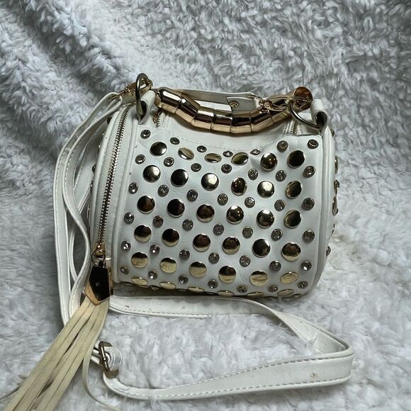 Off white small barrel Satchel/crossbody bag rose gold studs & jewels accents
